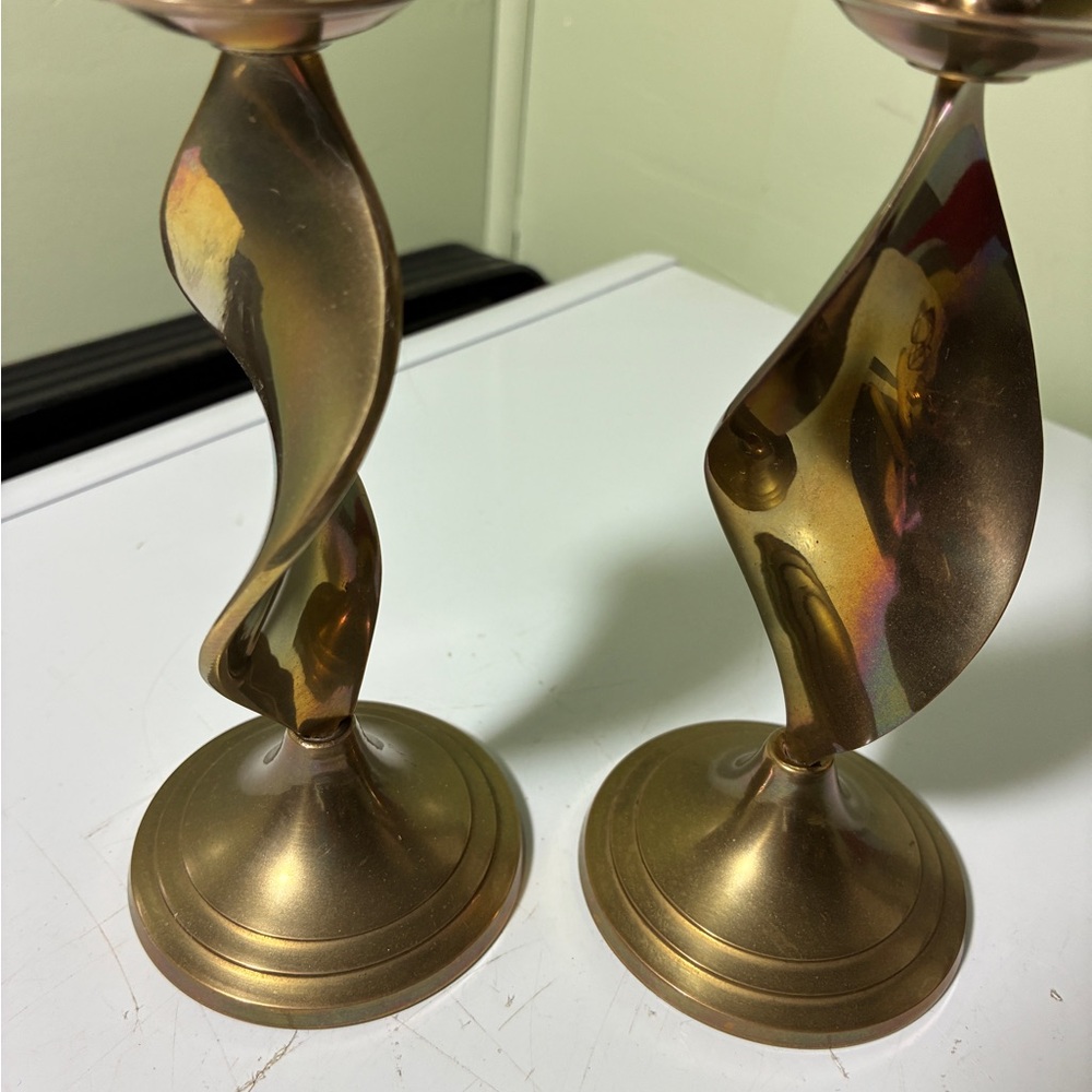 Brass Tone Sculptural Candle Holders - Pair - Picture 6 of 6